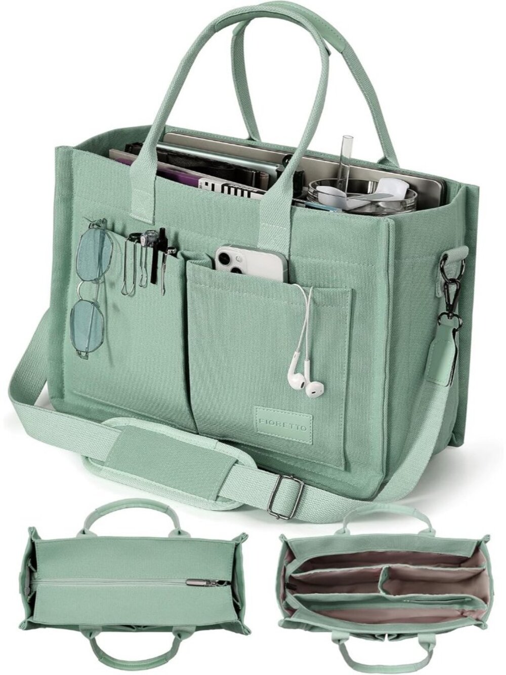 FIORETTO Canvas Women's Green Tote Bag Zipper Closure & Compartments Pockets Bag